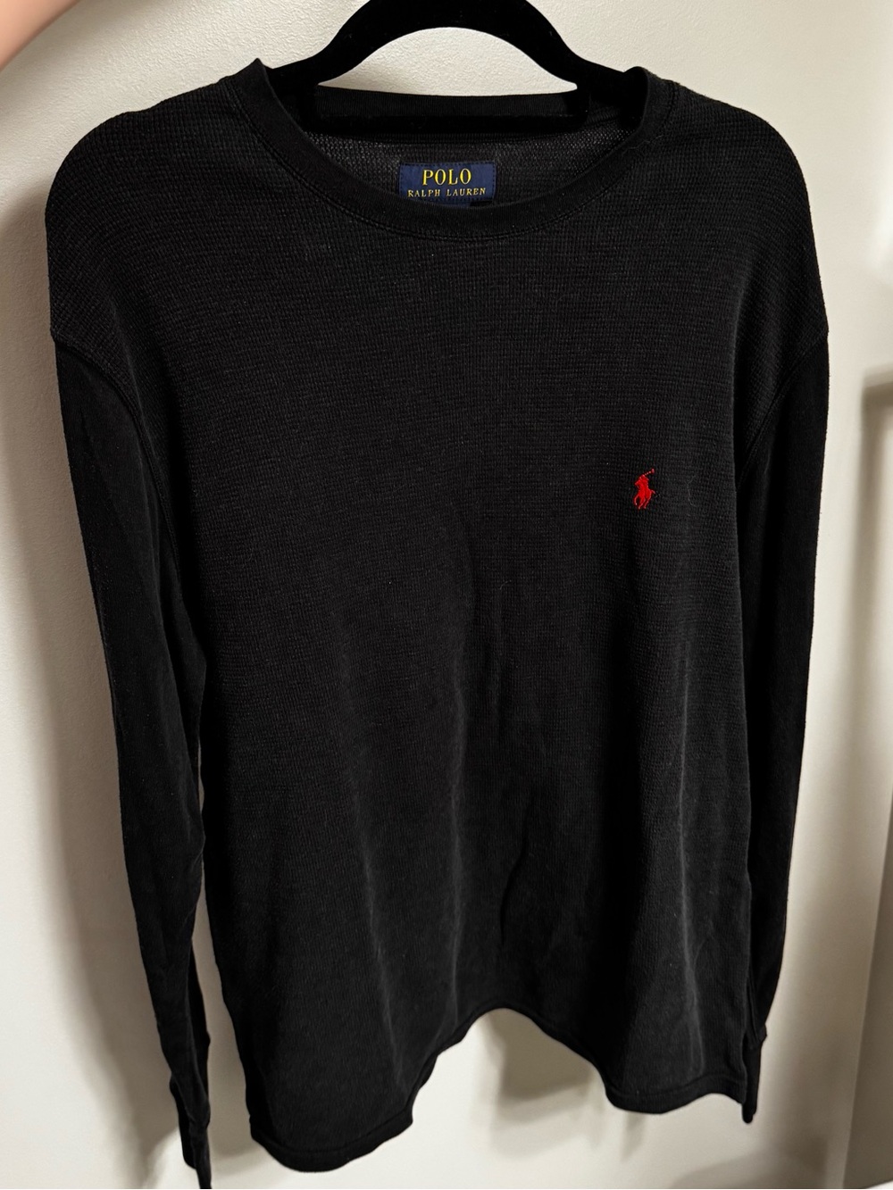 Polo Ralph Lauren Black Waffle Knit Thermal Long Sleeve Shirt with Red Pony Sz L